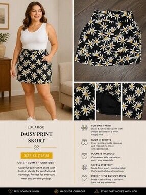 Daisy Print Black & White Skirt with Shorts and Yellow Accents XL 14/16
